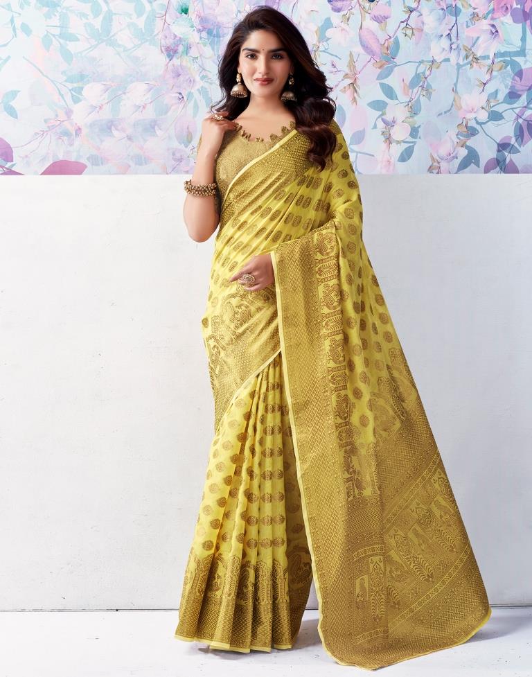 Yellow & Gold Printed Silk Plain Saree