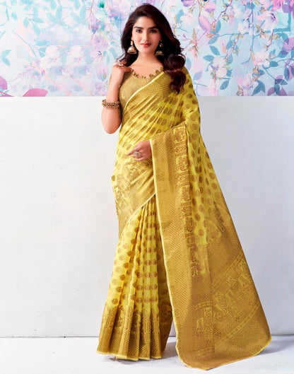 Yellow & Gold Printed Silk Plain Saree