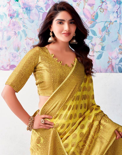 Yellow & Gold Printed Silk Plain Saree