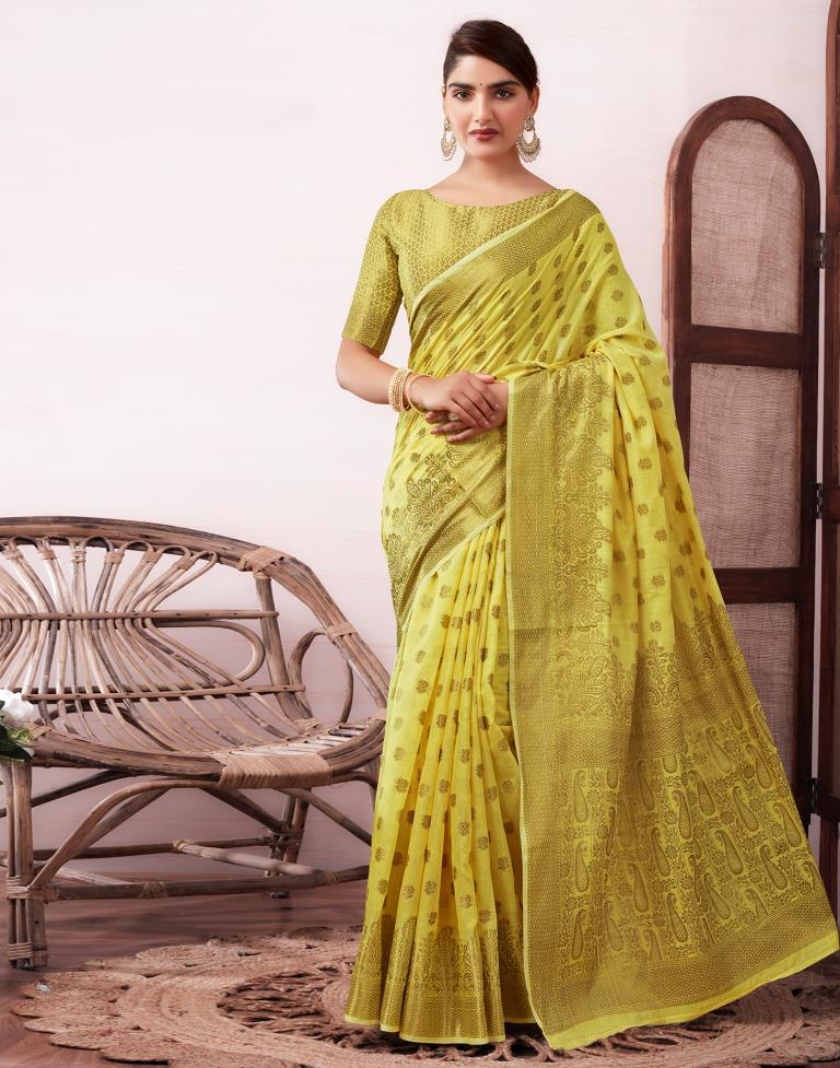 Yellow & Gold Printed Silk Plain Saree