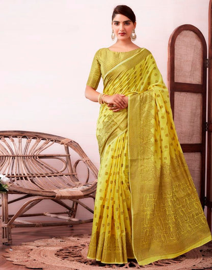 Yellow & Gold Printed Silk Plain Saree