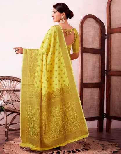 Yellow & Gold Printed Silk Plain Saree