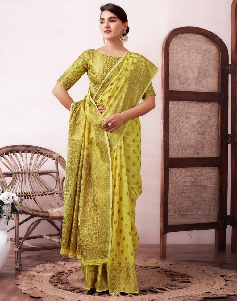 Yellow & Gold Printed Silk Plain Saree