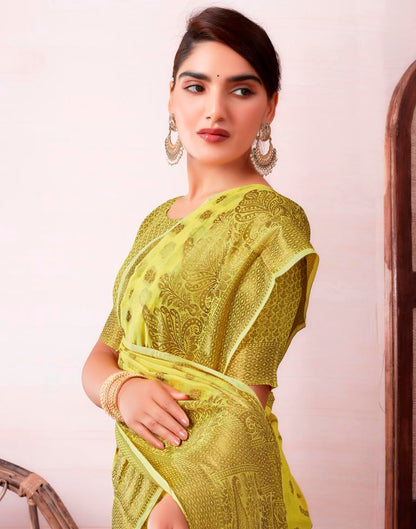 Yellow & Gold Printed Silk Plain Saree