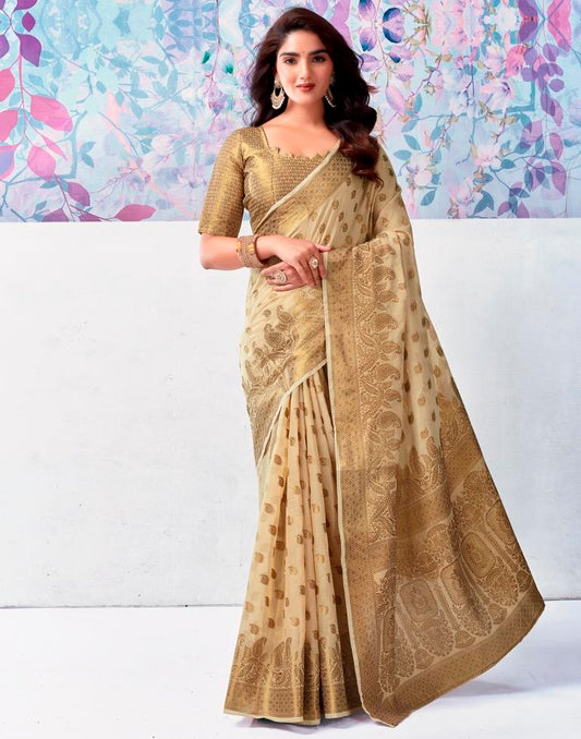 Beige Silk Plain Saree