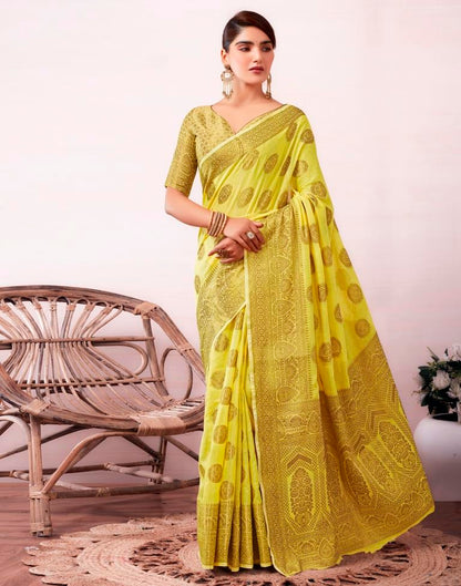 Yellow & Golden Silk Plain Saree