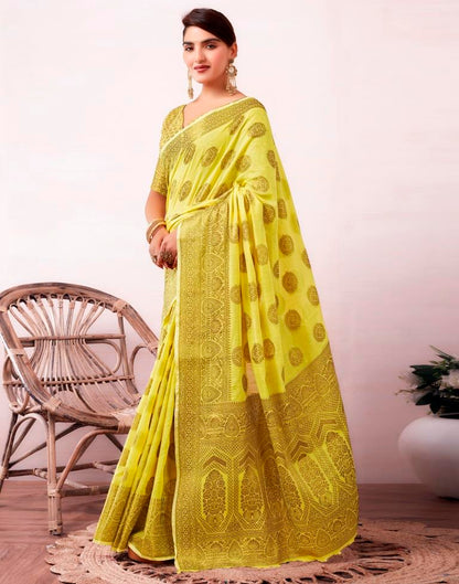 Yellow & Golden Silk Plain Saree