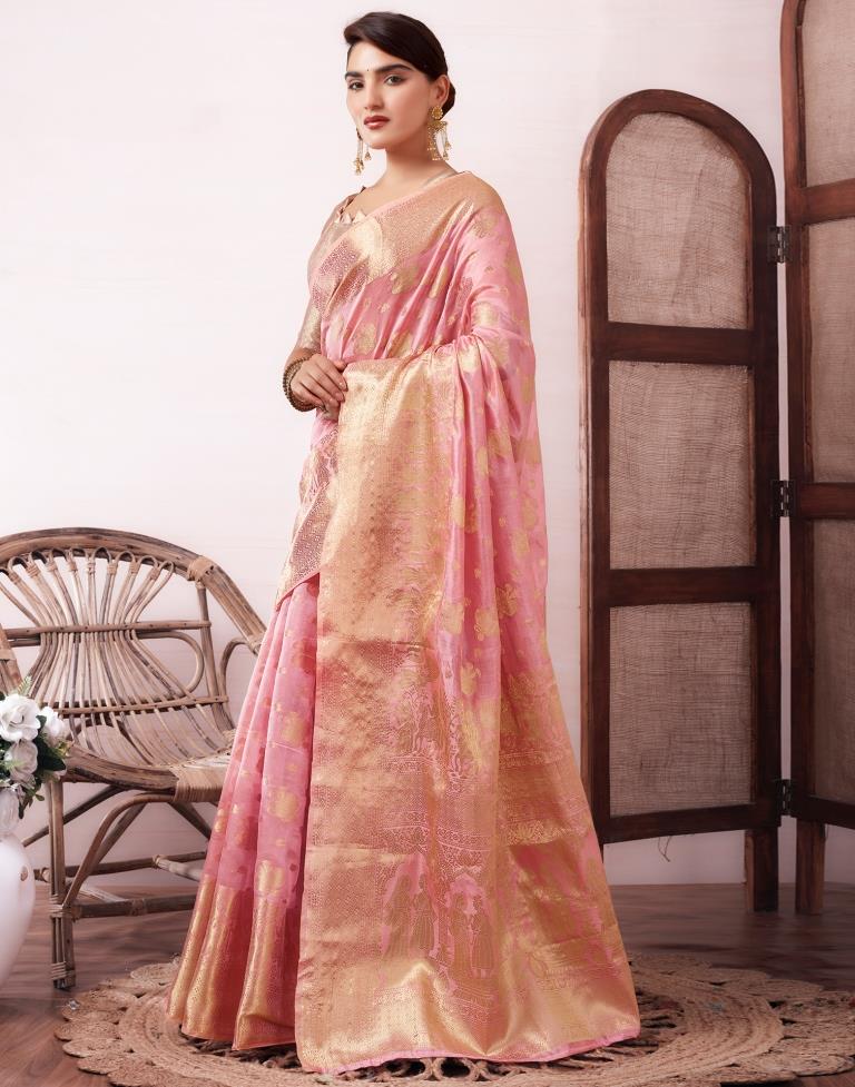 Pink Organza Woven Saree