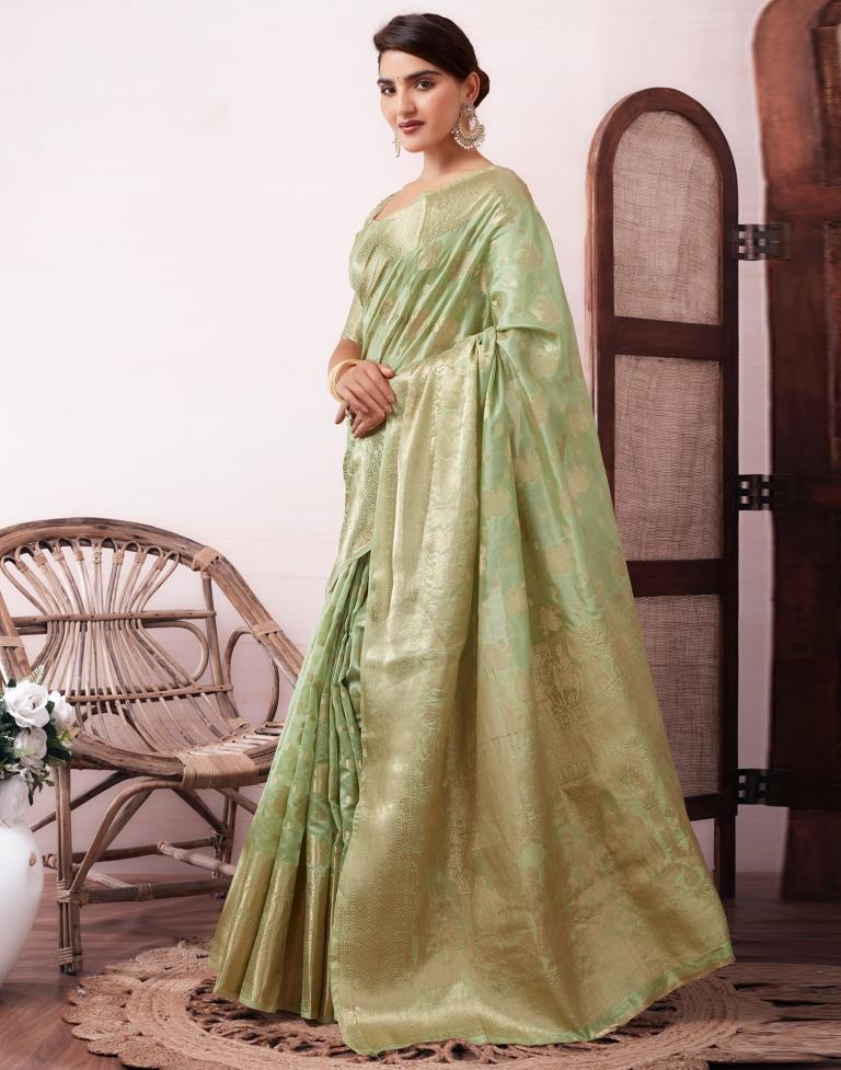 Pista Green Organza Woven Saree