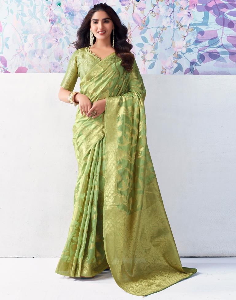 Pista Green Organza Woven Saree