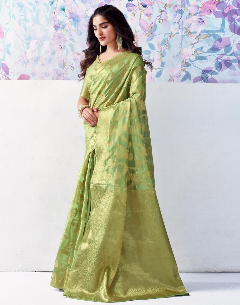 Pista Green Organza Woven Saree