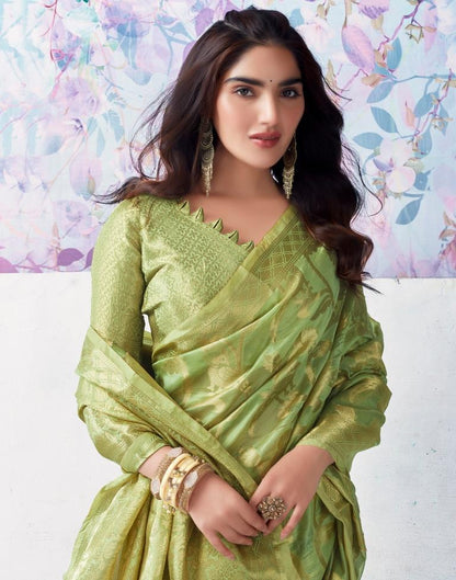 Pista Green Organza Woven Saree