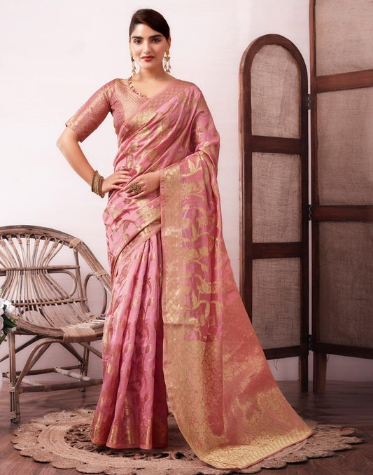 Dusty Pink Organza Woven Saree