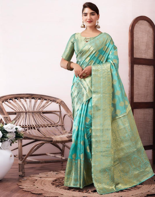 Light Blue Organza Woven Saree