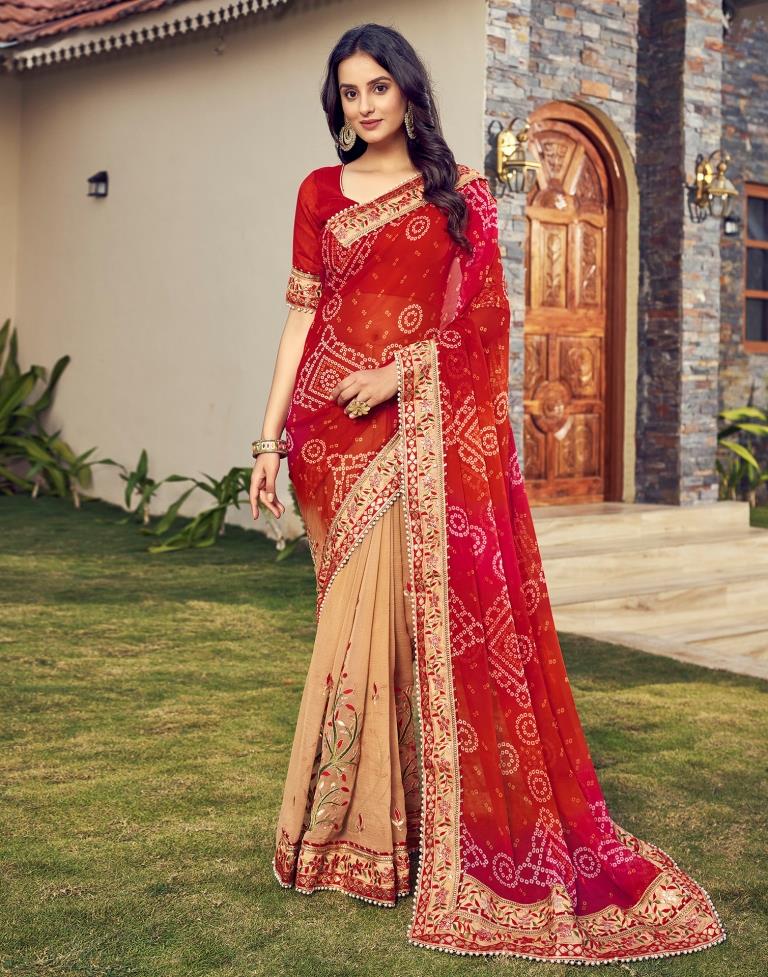Red Chiffon Printed  Saree