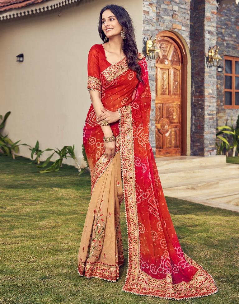 Red Chiffon Printed  Saree