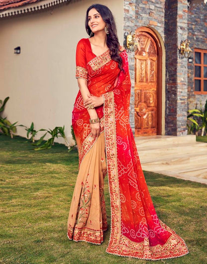 Red Chiffon Printed  Saree