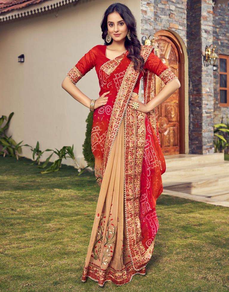 Red Chiffon Printed  Saree