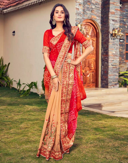Red Chiffon Printed  Saree