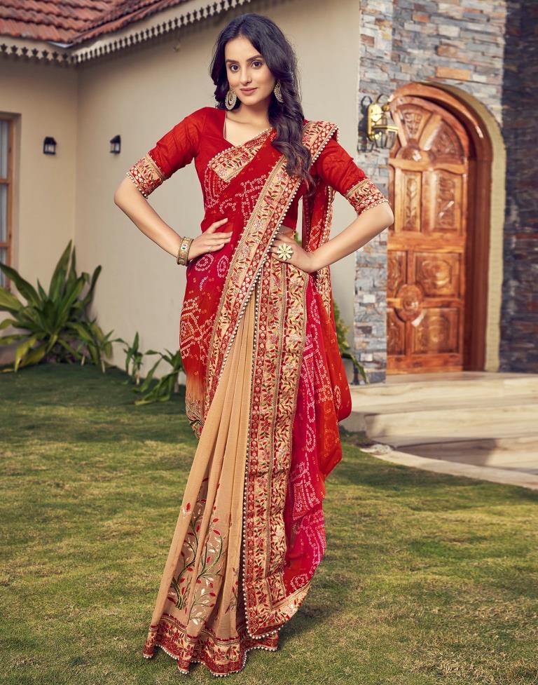 Red Chiffon Printed  Saree