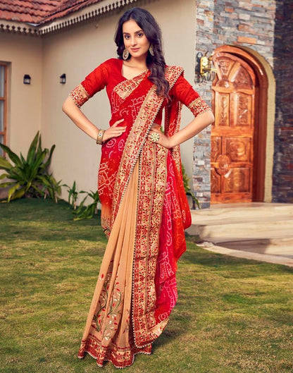 Red Chiffon Printed  Saree