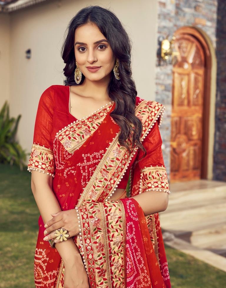 Red Chiffon Printed  Saree