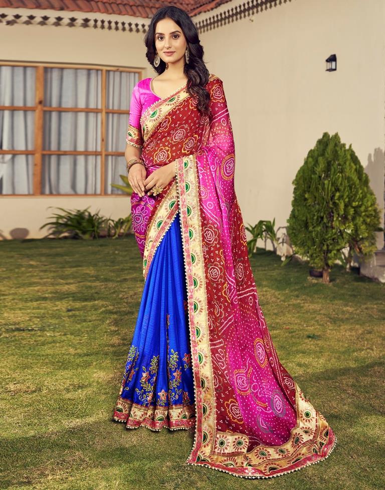 Maroon & Multicoloured Chiffon Printed  Saree