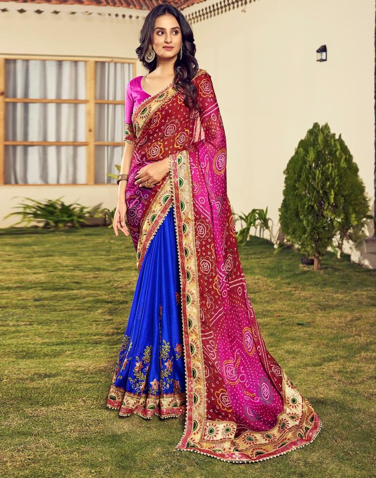 Maroon & Multicoloured Chiffon Printed  Saree