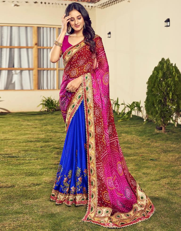 Maroon & Multicoloured Chiffon Printed  Saree