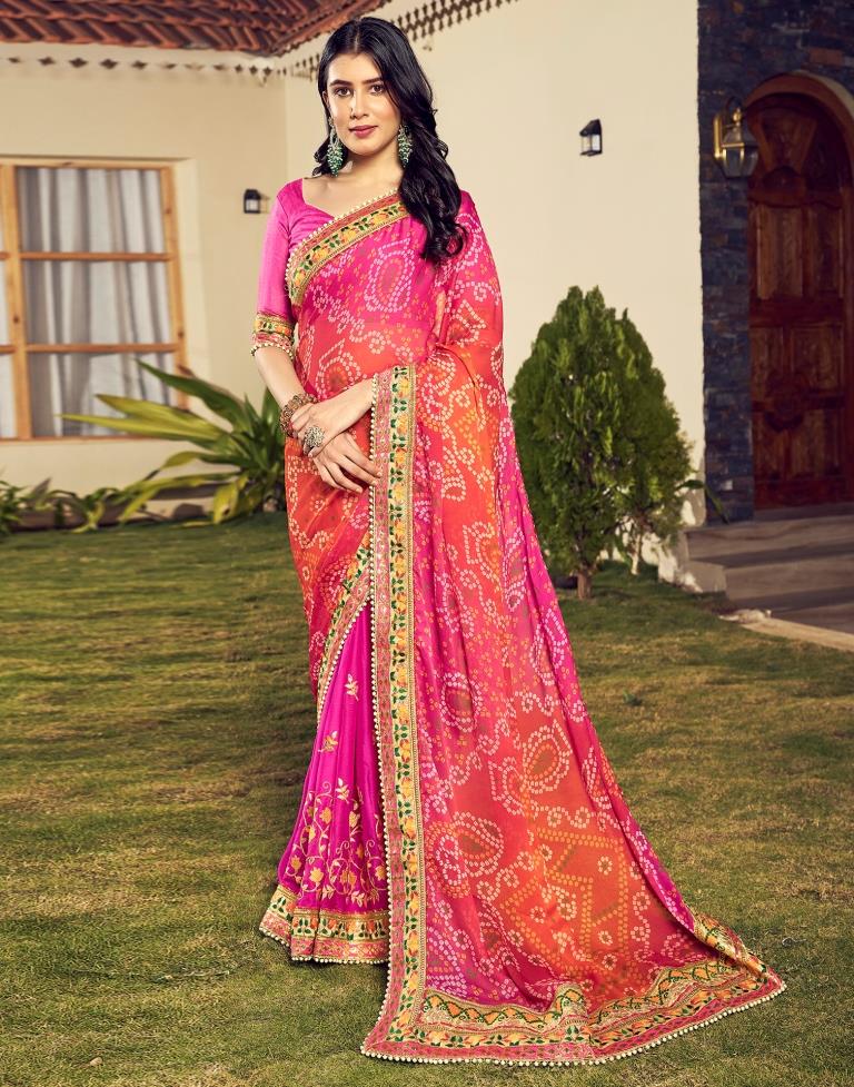 Orange & Pink Chiffon Printed  Saree