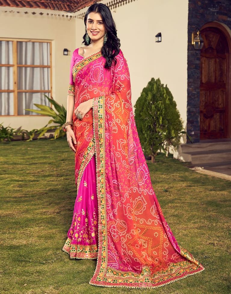 Orange & Pink Chiffon Printed  Saree