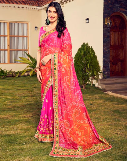 Orange & Pink Chiffon Printed  Saree