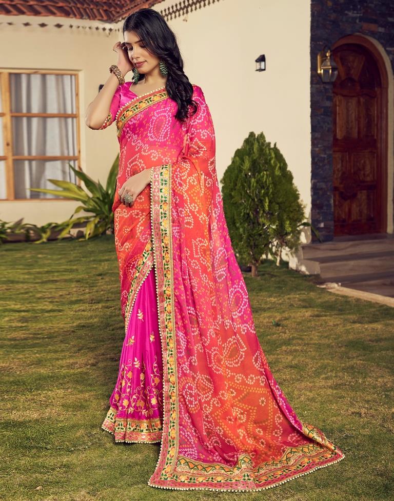 Orange & Pink Chiffon Printed  Saree