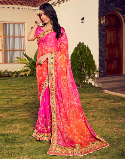 Orange & Pink Chiffon Printed  Saree