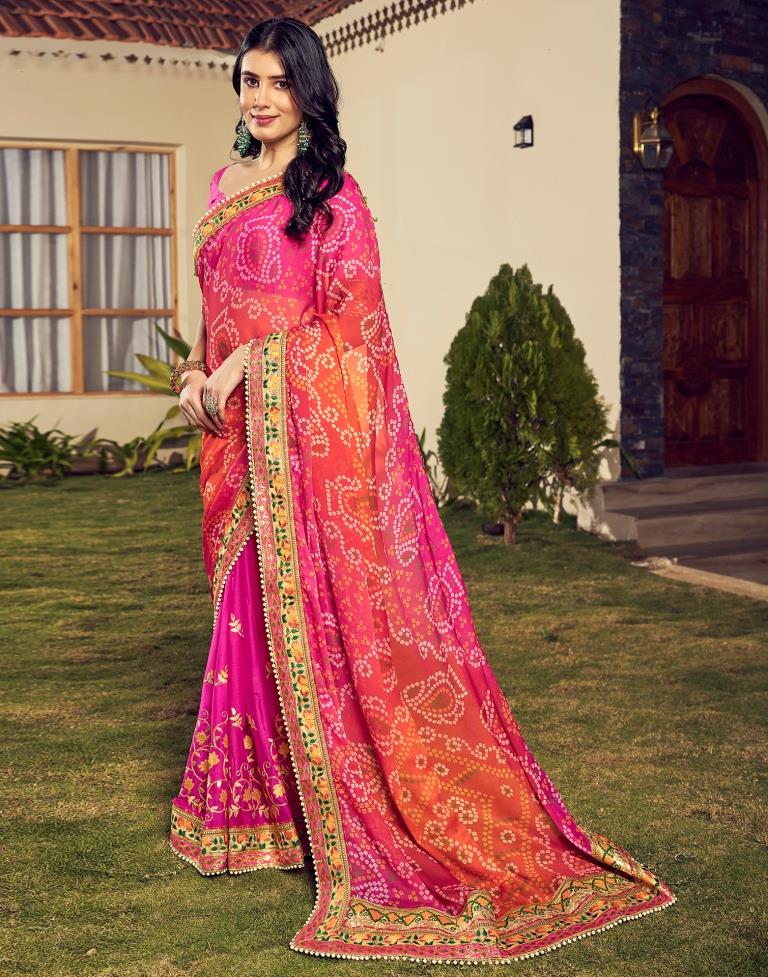 Orange & Pink Chiffon Printed  Saree