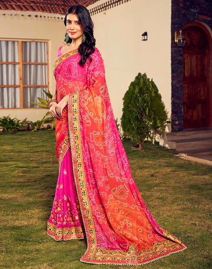 Orange & Pink Chiffon Printed  Saree