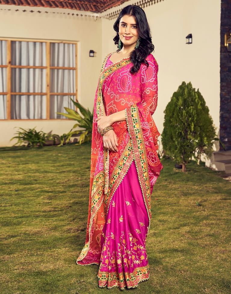 Orange & Pink Chiffon Printed  Saree