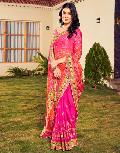 Orange & Pink Chiffon Printed  Saree