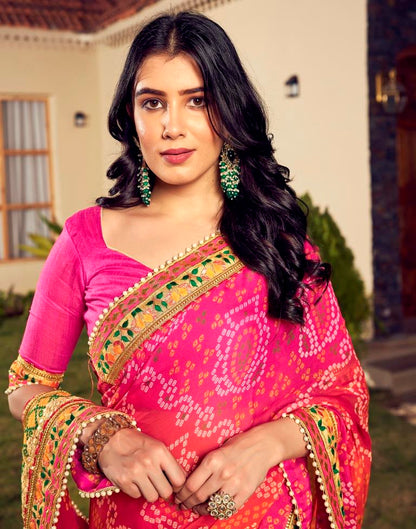 Orange & Pink Chiffon Printed  Saree