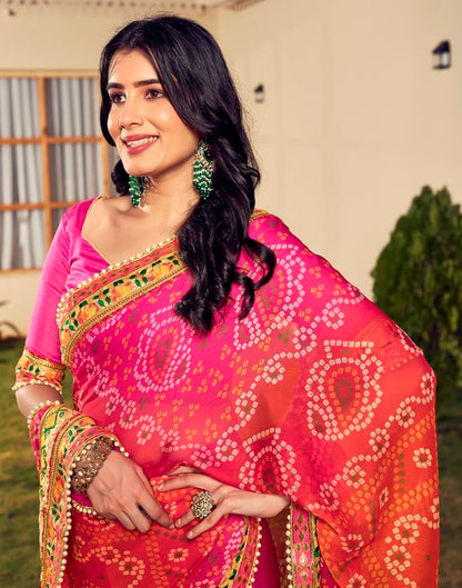 Orange & Pink Chiffon Printed  Saree