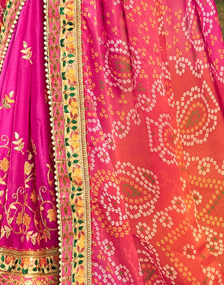 Orange & Pink Chiffon Printed  Saree
