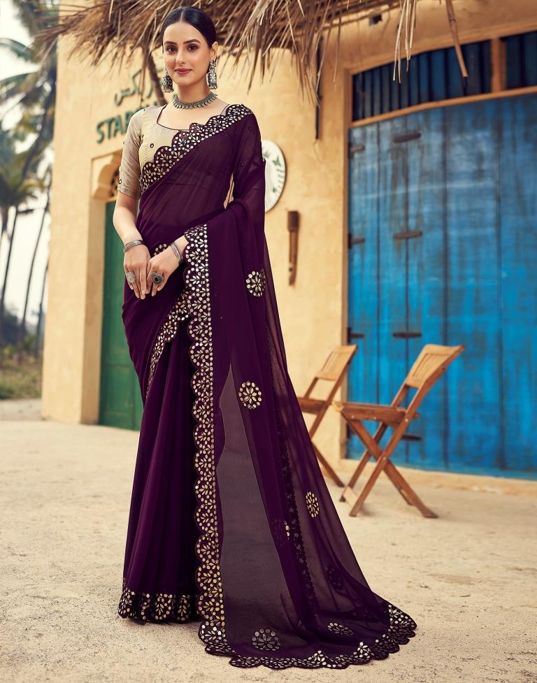 Wine Georgette Plain Saree