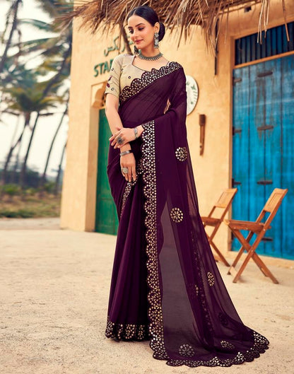 Wine Georgette Plain Saree