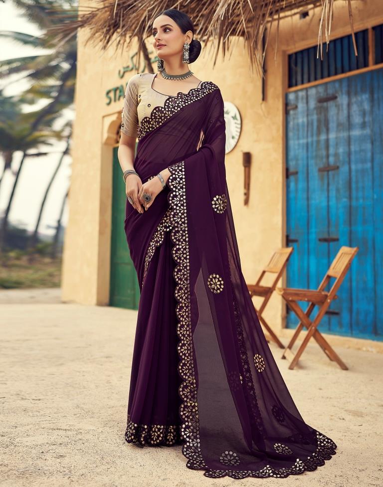 Wine Georgette Plain Saree