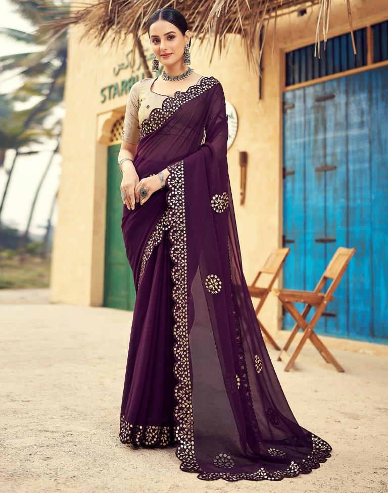 Wine Georgette Plain Saree