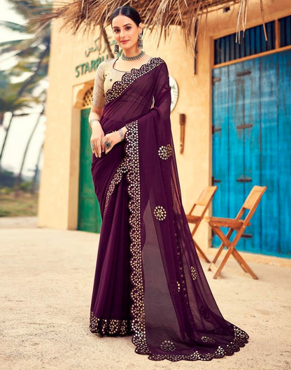 Wine Georgette Plain Saree