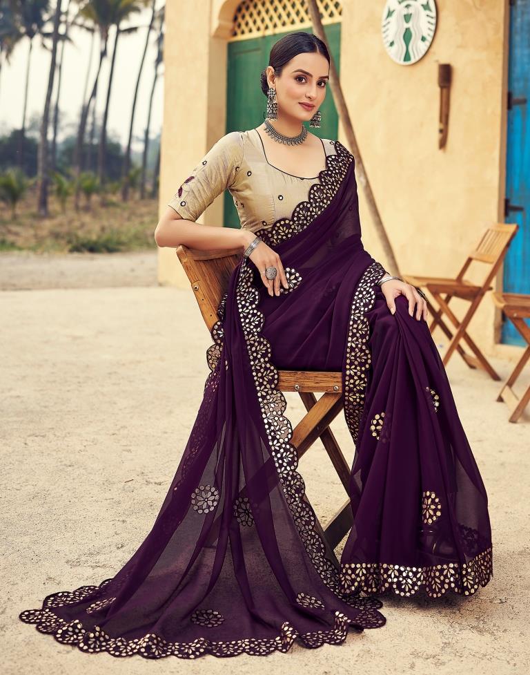 Wine Georgette Plain Saree