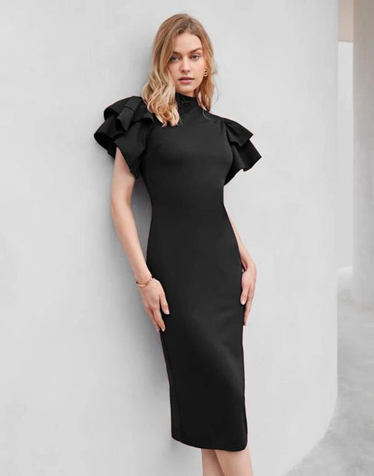 Black Ruffled Pencil Bodycon | Sudathi