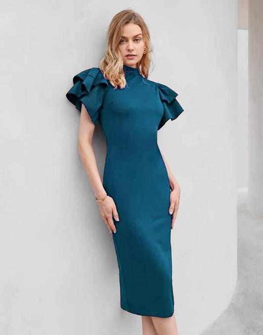 Teal Blue Ruffled Pencil Bodycon | Sudathi