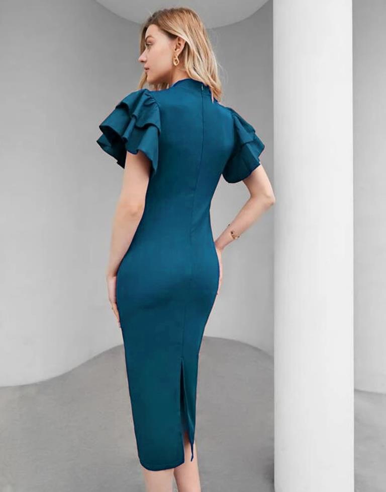 Teal Blue Ruffled Pencil Bodycon | Sudathi